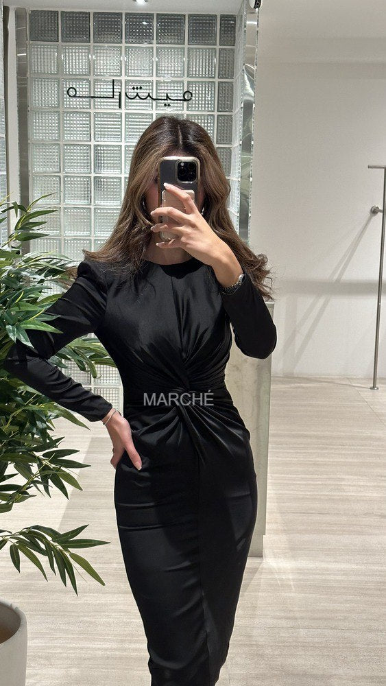 Evening Dress O-neck Long Sleeve Zipper Pleated