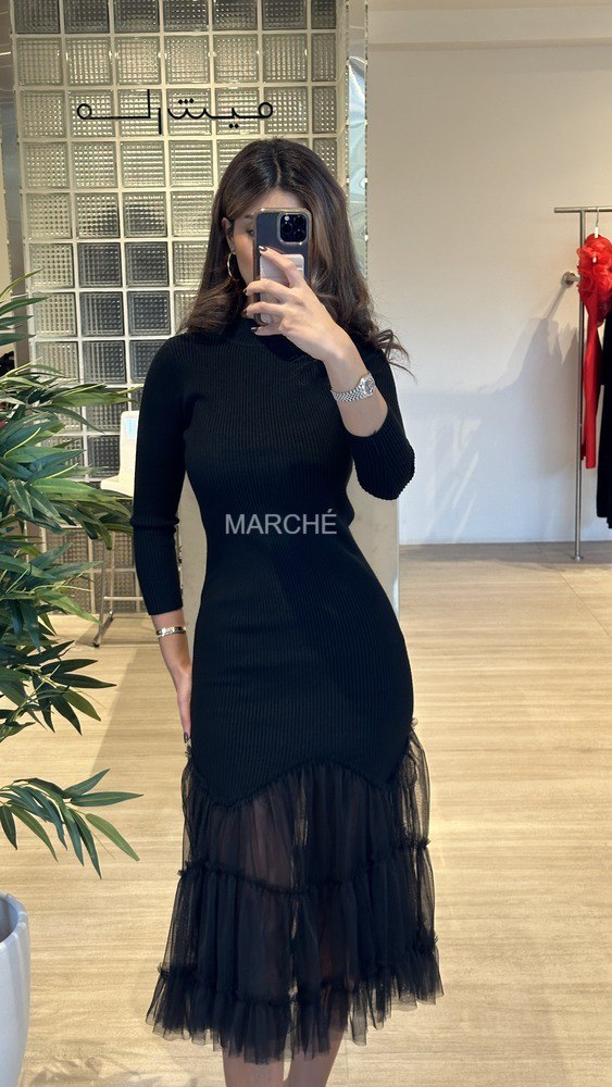 Black Dress Knitting Spliced Mesh Ruffles