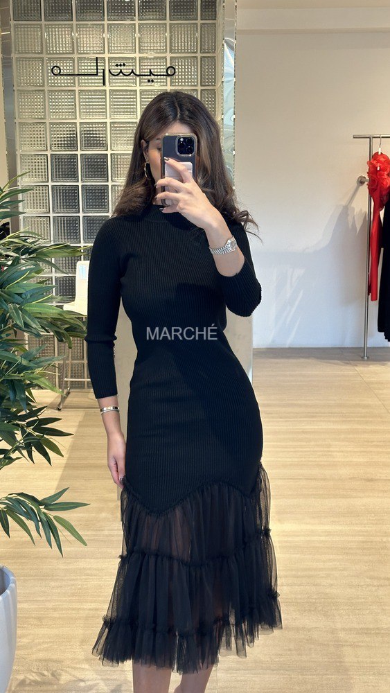 Black Dress Knitting Spliced Mesh Ruffles