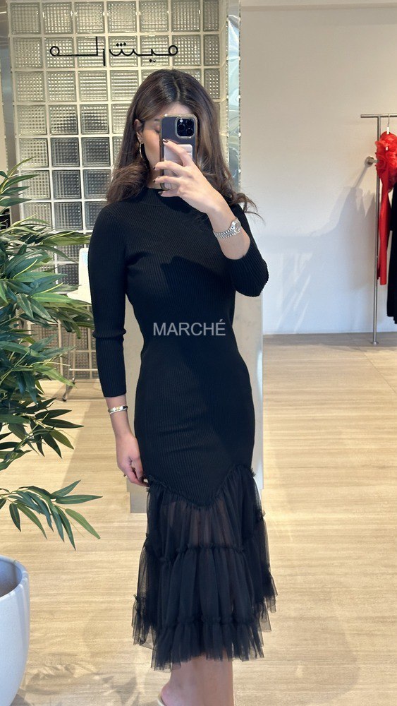 Black Dress Knitting Spliced Mesh Ruffles