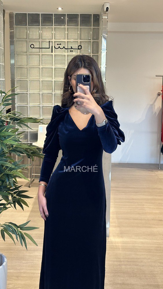 Velvet Midi Dress Puff Sleeve Slim A-Line