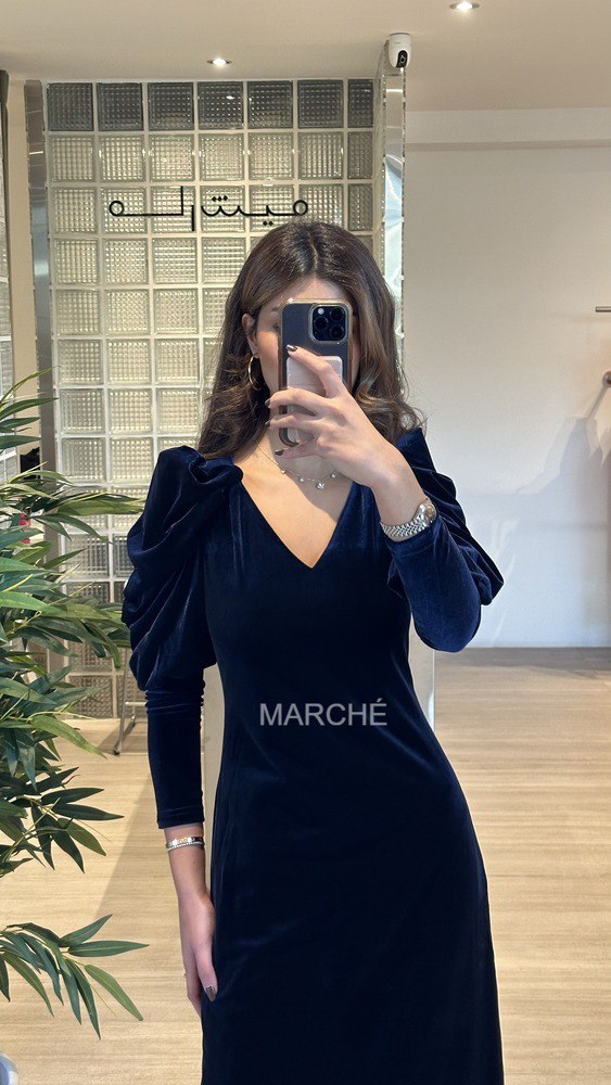 Velvet Midi Dress Puff Sleeve Slim A-Line