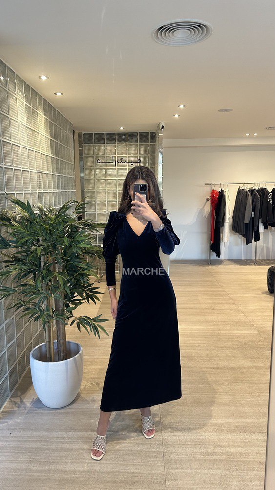 Velvet Midi Dress Puff Sleeve Slim A-Line