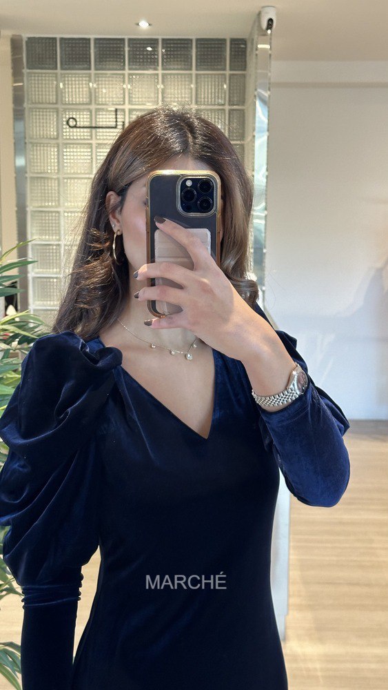 Velvet Midi Dress Puff Sleeve Slim A-Line