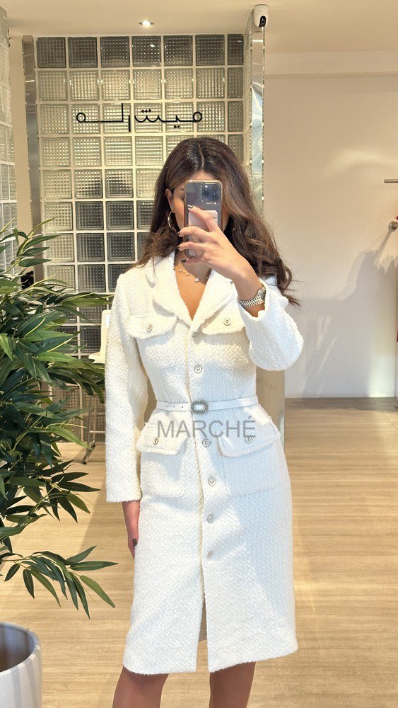 Tweed Dress Lapel Long Sleeve Single Breasted Belt Waist Elegant Windbreaker Dresses