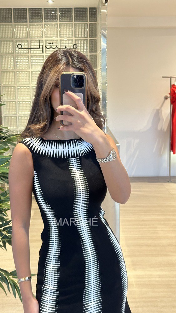 Bandage Dress Stretch Knit Black White Striped Jacquard Slash Neck