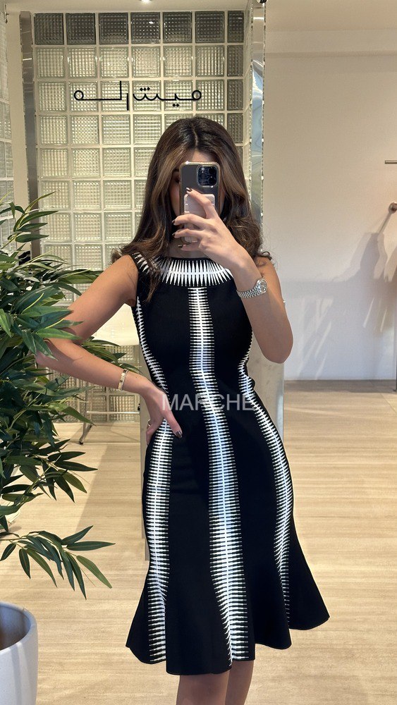 Bandage Dress Stretch Knit Black White Striped Jacquard Slash Neck