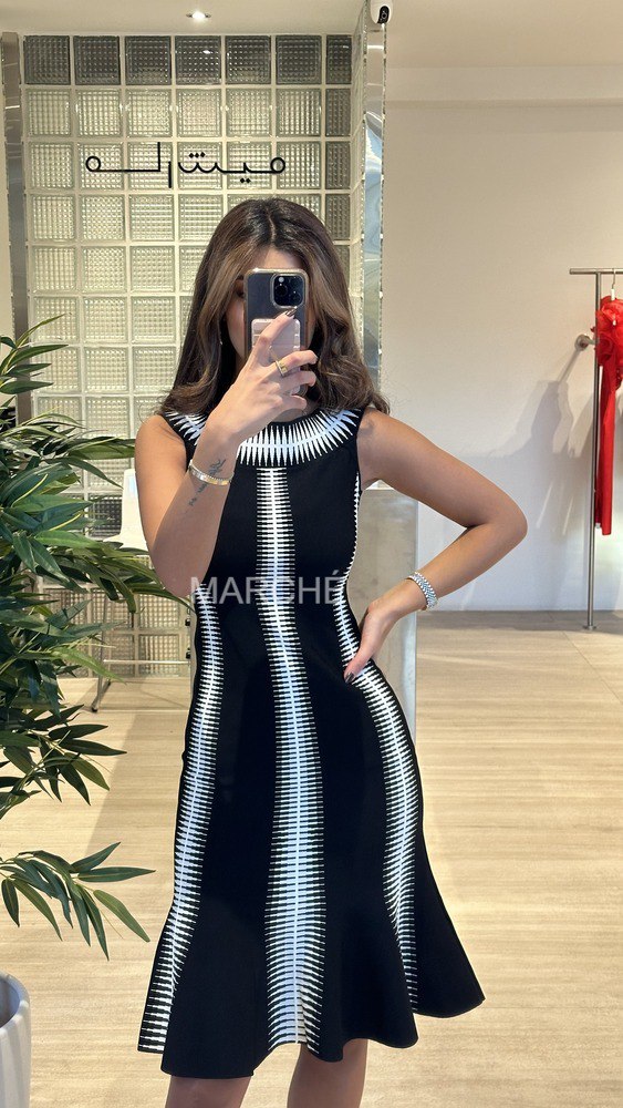 Bandage Dress Stretch Knit Black White Striped Jacquard Slash Neck