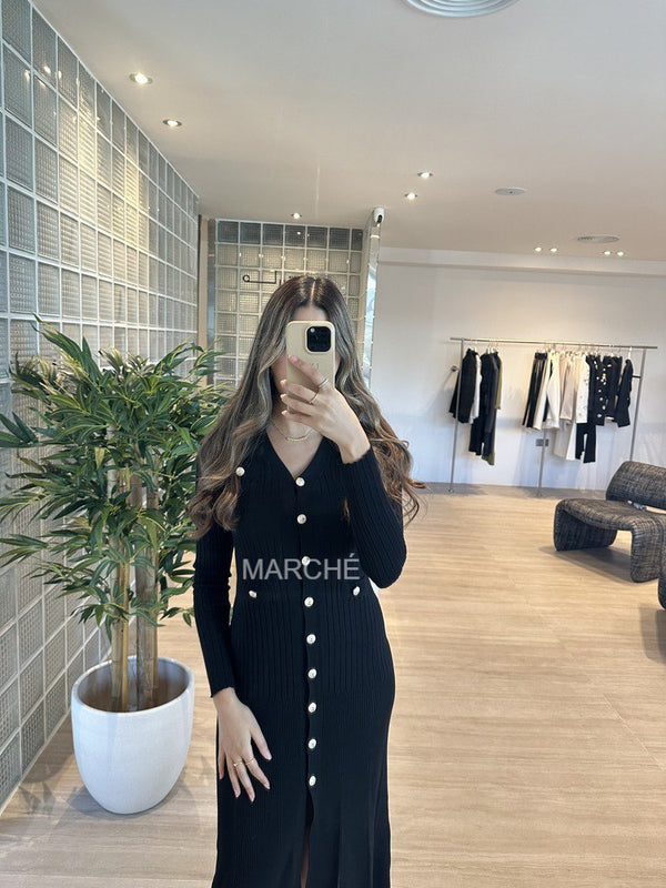 Single Breasted Fishtail Black Knit Dress