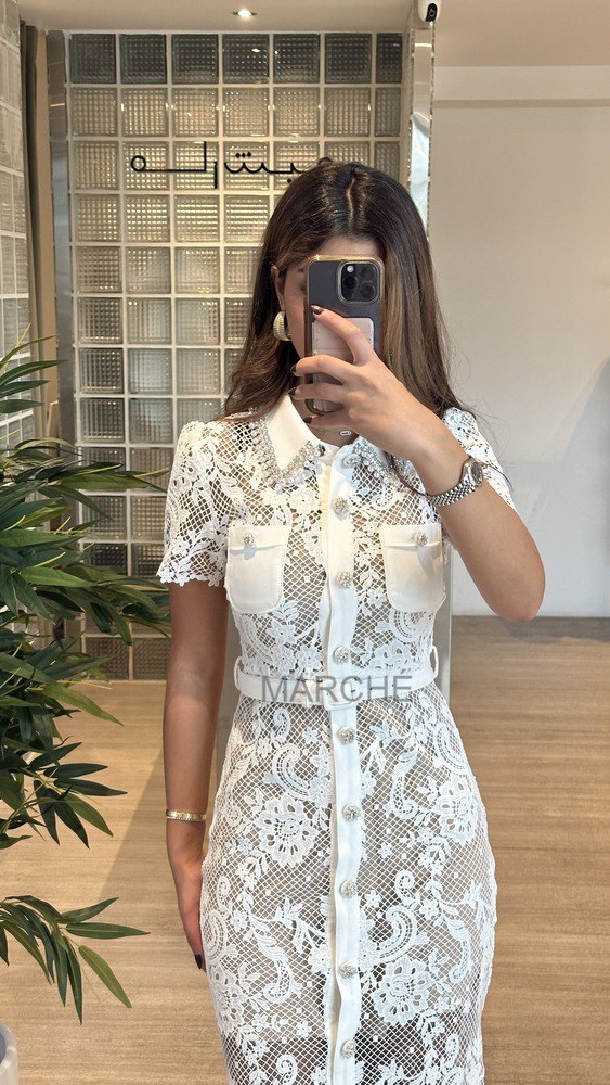 Short Sleeve White Black Lace Dress