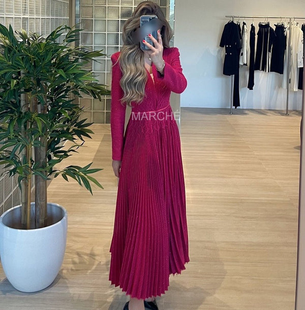 V-neck Long Sleeve  Knitting Pleated High Waist