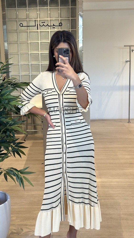 Knitting Green Stripes V Neck Long Sleeve