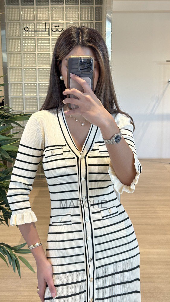 Knitting Green Stripes V Neck Long Sleeve