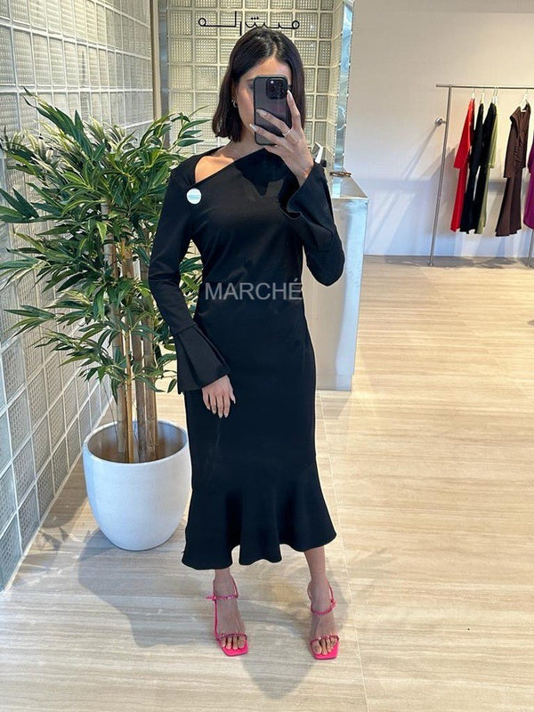 Evening Dress Irregular Collar Flare Sleeve Asymmetric Black Slim Zipper Fashion Dresses