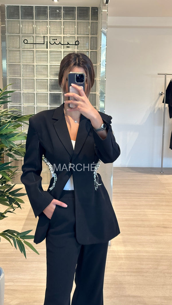 Women's Blazer Notched Collar Spliced Crystal Suit